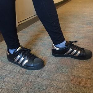 Adidas Black Superstar shoes w Rose Gold stripes